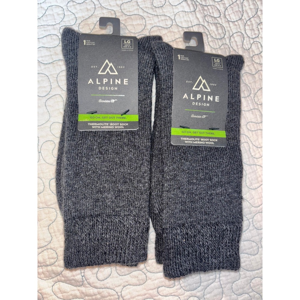 Alpine Design 2 Pairs Men Large Charcoal Gray Merino Wool Thermolite Boot Socks